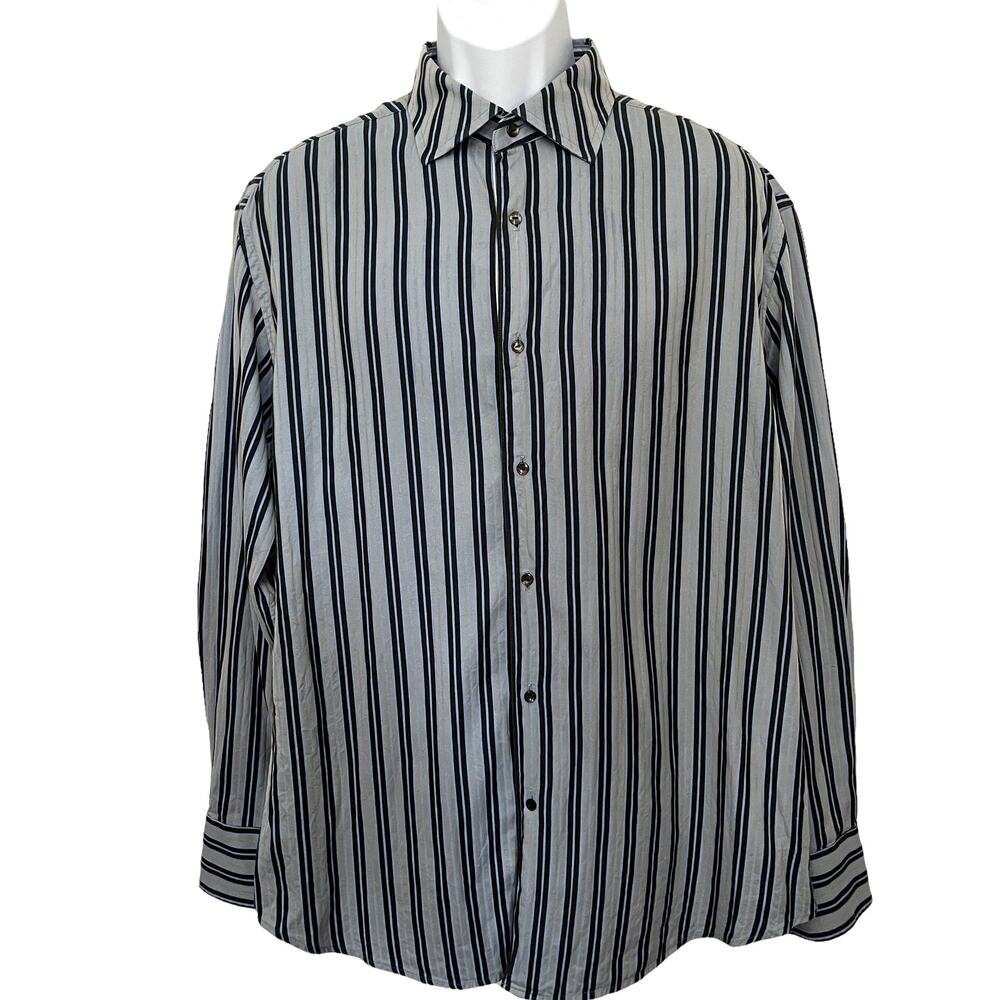 Robert Graham Striped Shirt Mens Size XL Blue Long Sleeve Flip Cuff Blue Preppy